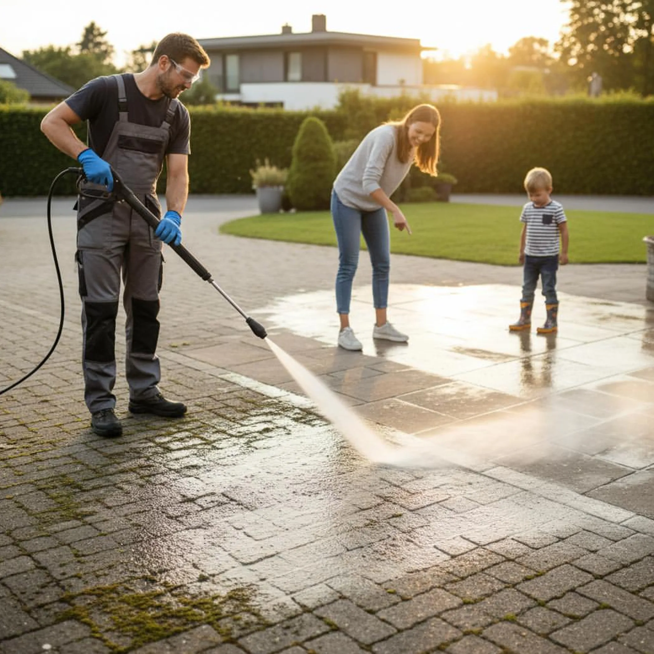 pressure washing a driveway outdoors