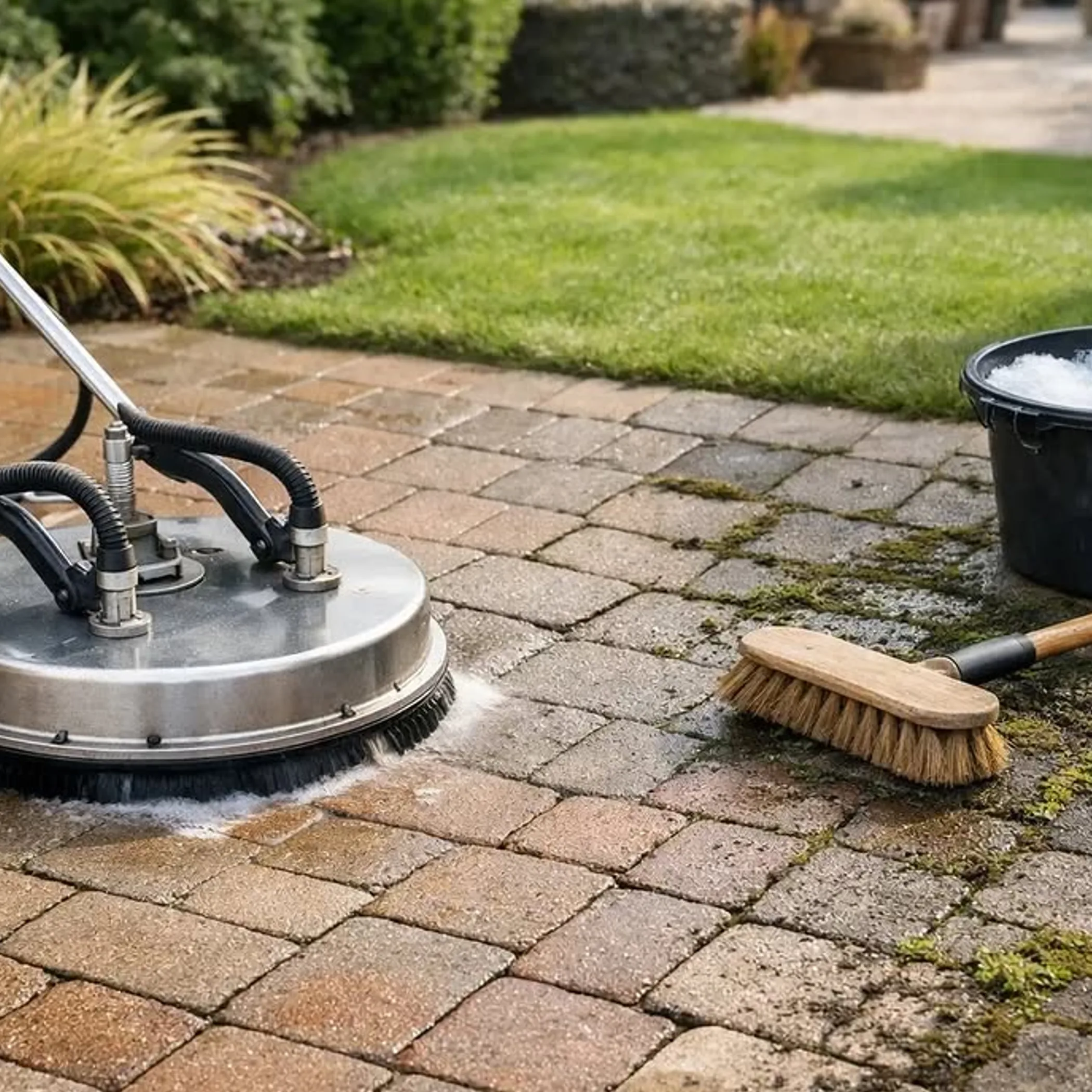 pressure washing block paving driveway outdoors