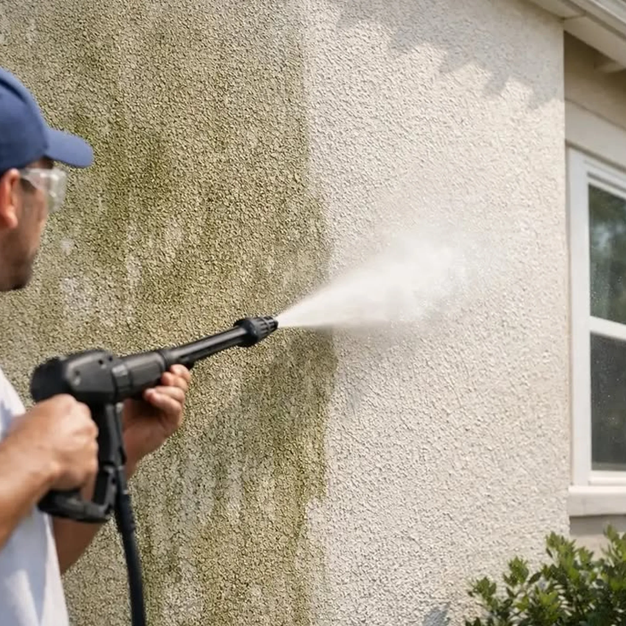 person pressure washing outdoor surface