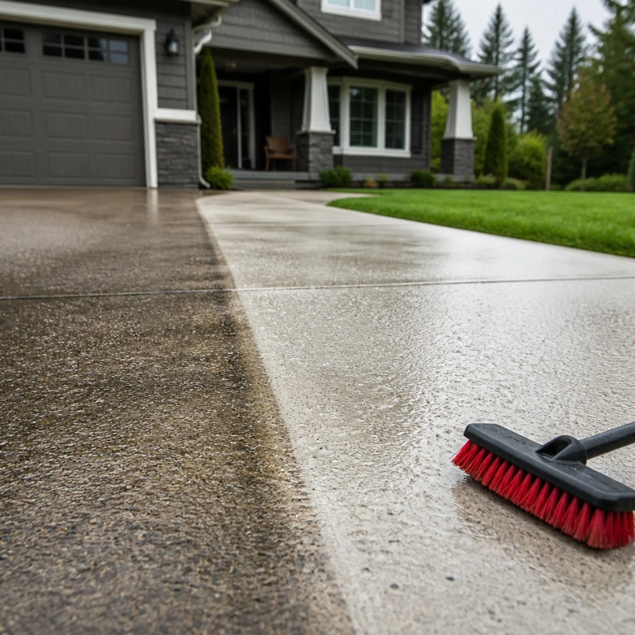 driveway being cleaned with pressure washer